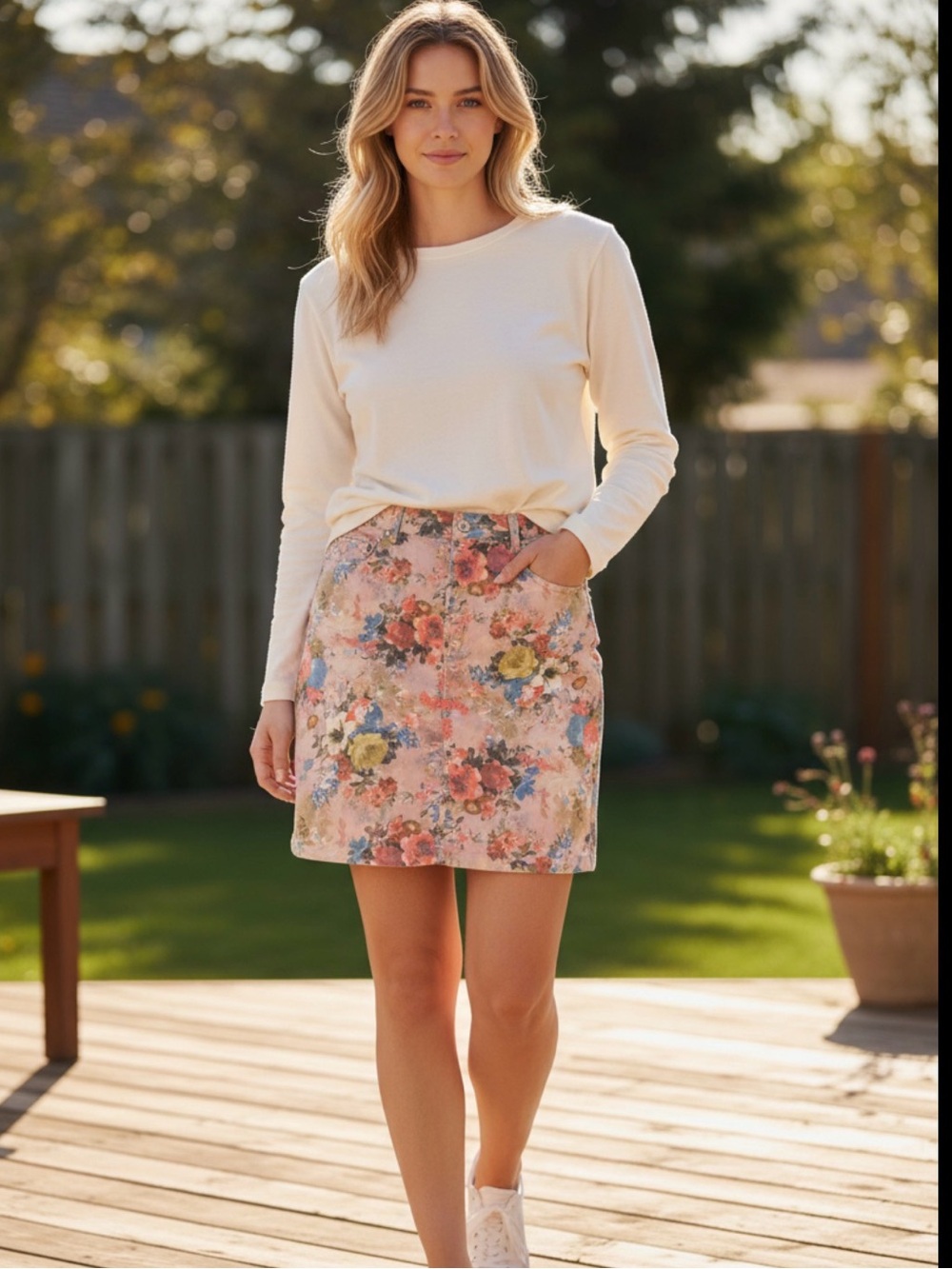 UrRebel Y2K Stretch Denim Floral Midi Skirt with Elastic Waist and Pockets